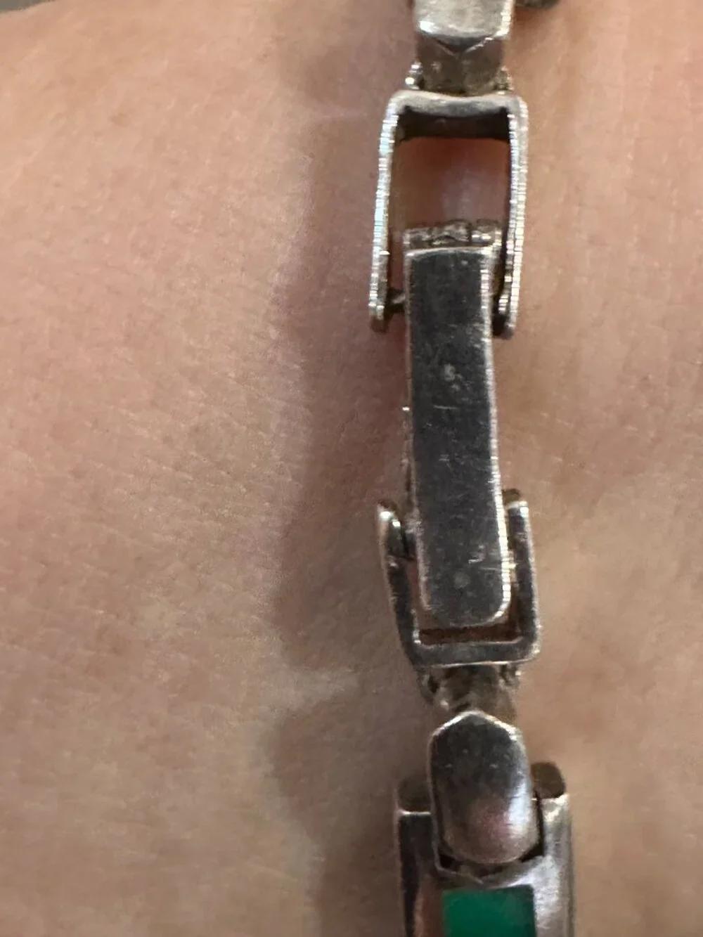 Vintage Sterling Silver 925 Natural Green Chalcedony Inlay 7 Link Heavy Bracelet